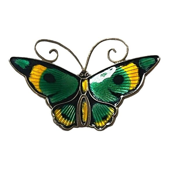 David Andersen Norway Guilloche Enamel Green Yellow Sterling Butterfly Brooch - Picture 1 of 5